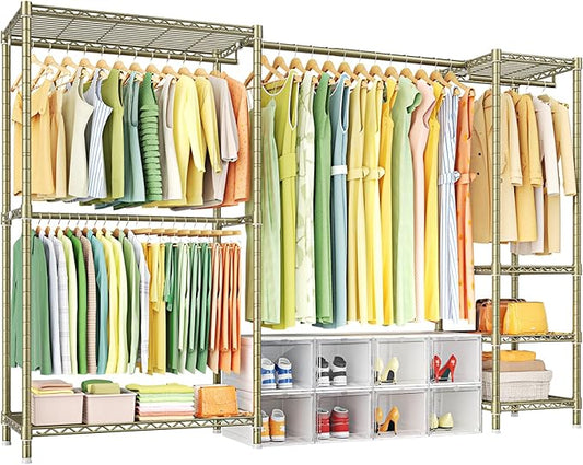 E10 Clothes Rack（With Stretchable Hanger Rod）Freestanding Clothing Racks for Hanging Clothes，Adjustable Closet Organizer System，Portable Garment Rack 73-97"W x 15" D x 72" H，Max Load 800LBS，Gold