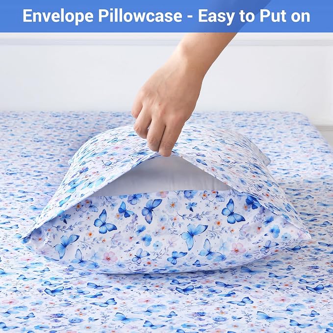 Softan King Floral Sheets, Microfiber Blue Flower Printed Fitted Sheets with Non-Slip Corner Straps and 15" Deep Pocket, Butterfly Patterned Cozy King Bed Sheets & Pillowcase Sets