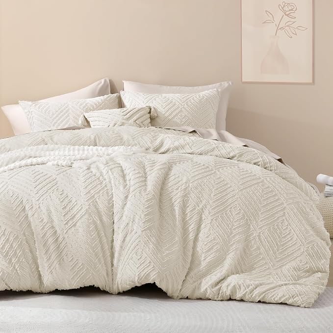 Litanika Oversized Queen Comforter Set, 3 Pcs Beige Tufted Boho Bedding Set | Farmhouse Shabby Chic Vintage Bohemian Textured Aesthetic Soft Fluffy Lightweight Breathable All Season Bed Set