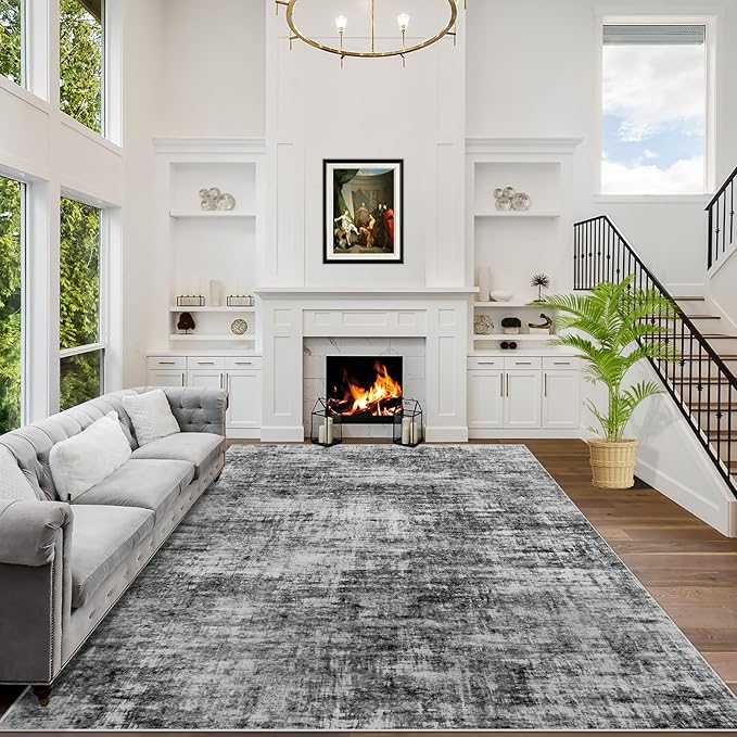 6x9 Area Rugs for Living Room: Washable Abstract Black Badroom Carpet | Non-slip TPE backing makes this washable soft low-pile rug safe & durable, Pet-friendly decor for dining room,nursery,office
