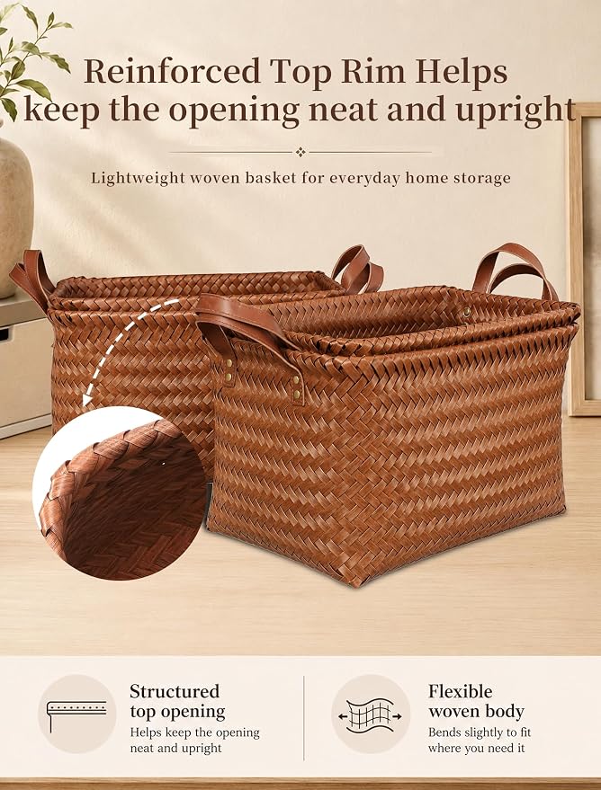 Wicker Storage Baskets, 4 Pack Woven Baskets for Shelves, Brown | PP Rattan, Water-resistant Wicker Basket, Large Baskets with Faux Leather Handles for Blanket, Laundry Organizer, Room Decor