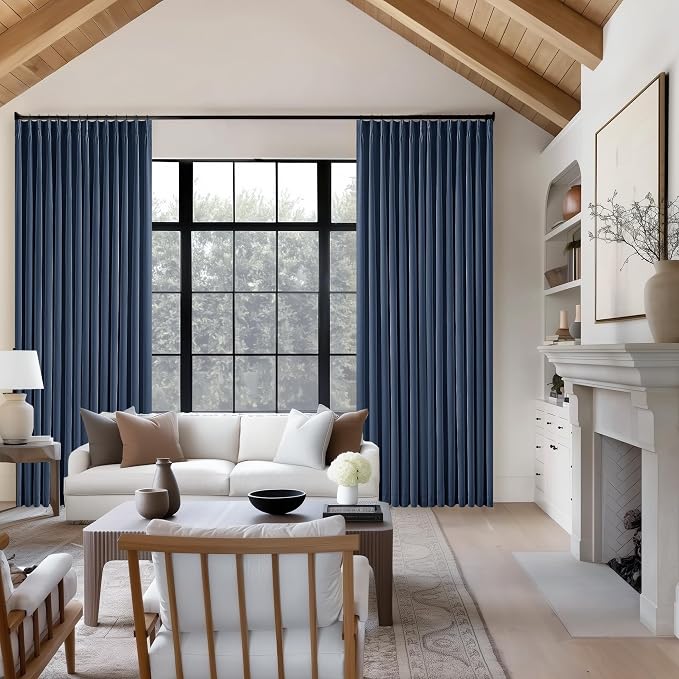 Dark Blue Linen 100% Blackout 120 Inch Curtains for Living Room 2 Panels | Pinch Pleated Back Tab Drapes, Thermal Insulated Full Black Out, W40xL120 Curtains for High Ceiling to Floor, Indigo Navy