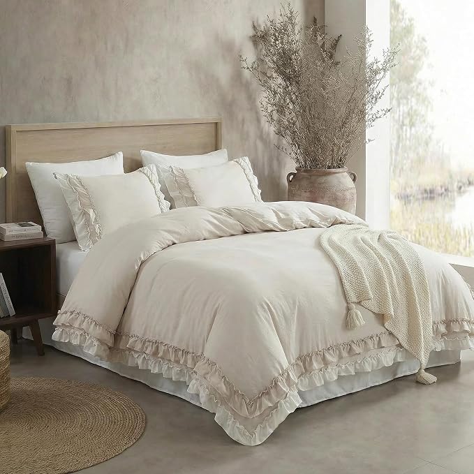 Bedorm Beige Duvet Cover Set King Ruffle Bedding Set Pleat Ruffled Shabby Chic Comforter Cover Extra Soft & Easy Care White Boho Duvet Cover with Zipper Closure