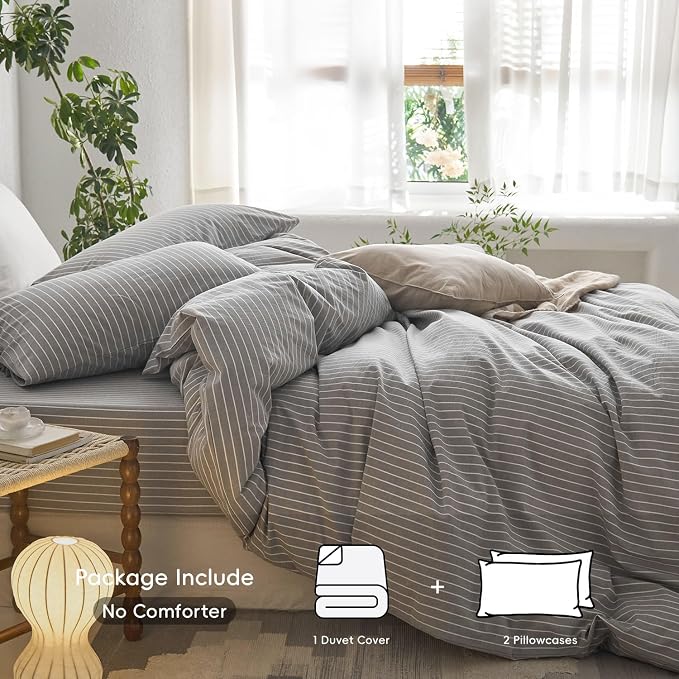 MooMee Striped Duvet Cover Set 100% Washed Cotton Linen Like | Relaxed Linen-like Texture. Soft, Breathable & Long-lasting Comfort. Lightweight. Hidden Zipper with 8 Interior Corner Ties