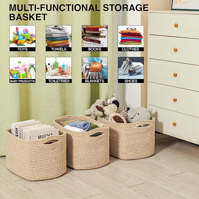 ICERZCZ Decorative Storage Baskets for Organizing Shelves, Toy Basket for Nursery, Woven Cotton Rope Baskets for Decor, Towel Basket for Bathroom, 15"x11"x9.5", 3 Packs, Brown