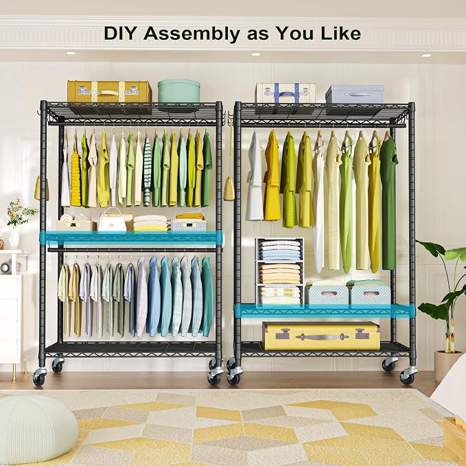 FUTASSI Rolling Clothes Rack, Clothing Racks for Hanging Clothes, Black | P3 Plus Heavy Duty Garment Rack with Wheels, Freestanding Portable Closet Racks 45" W x 14" D x 78.5" H, Max Load 480 LBS
