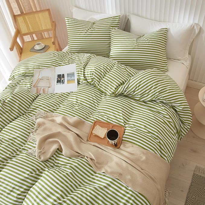 LifeTB Striped Comforter Set Full Size 3 Piece Soft Fluffy Green White Stripes Pattern Printed Bedding Set Lightweight Breathable Comforter Set Farmhouse Striped Bedding Comforter with 2 Pillowcases
