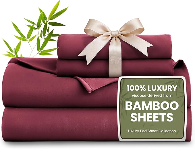 Love's cabin 4 Piece California King Size Sheet Set, 100% Rayon Derived from Bamboo, Cooling & Breathable, Soft Silky Deep Pocket up to 16", Hotel Luxury Bedding for Hot Sleepers, Burgundy