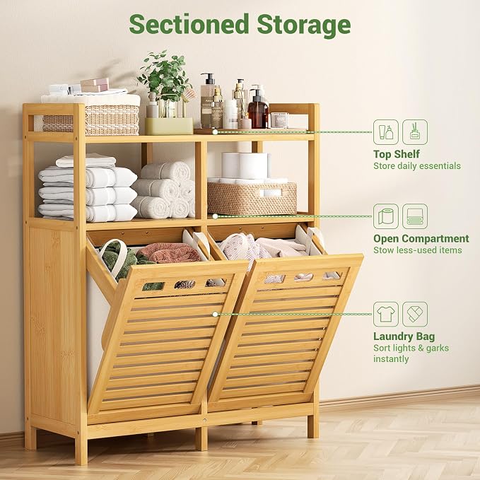 Homykic Tilt Out Laundry Hamper Cabinet, Bamboo Laundry Basket Organizer | 20 Gal Laundry Sorter with 2 Removable Liner Bags, Hidden Clothes Hamper with Shelf for Laundry Room, Bathroom, Closet