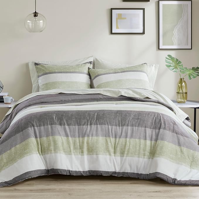Madison Park Essentials Jaxon Queen Comforter Set, Bed in A Bag Comforter & Sheet Set, Modern Casual Stripes Print, All Seasons, Soft Bedding Makeover, Matching Sham, Queen Green/Grey 7 Piece