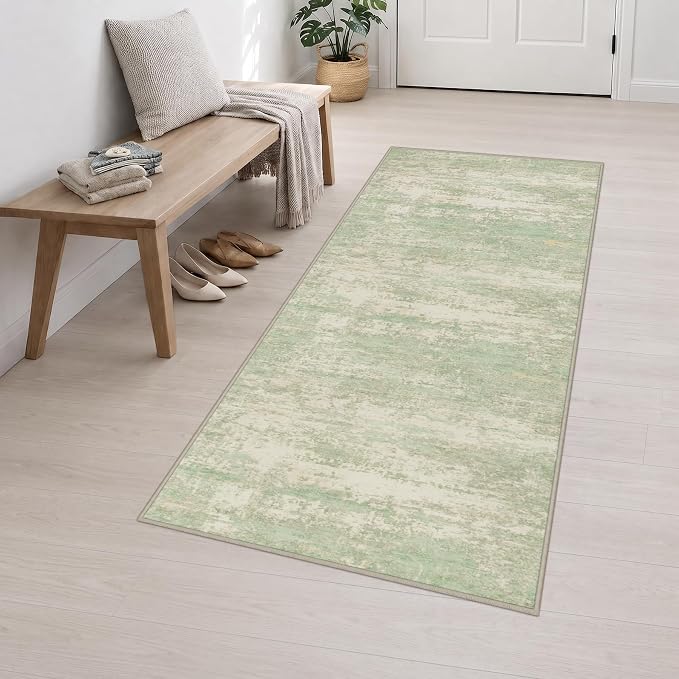 3x8 Washable Runner Rug：Modern Abstract Soft Carpet Green Cream | For Hallway, Bedroom, Kitchen, Laundry, Bathroom,Door Mat,Modern Abstract,Machine washable,Non-Slip,Stain Resistant,Indoor