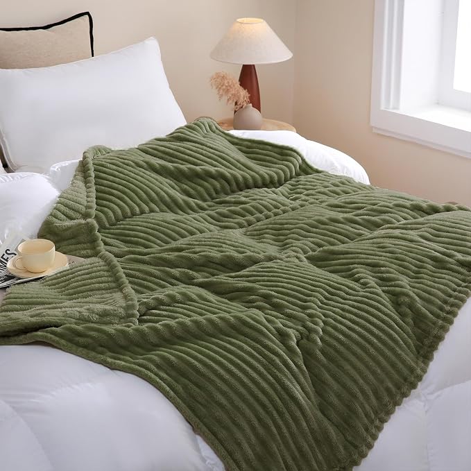 Olive Green Fleece Throw Blanket 50”×60” for Couch Sofa Livingroom | Super Soft Cozy Plush Microfiber Flannel Bed Blanket Striped Design Lightweight Home Decor Gifts for Adults Mom Women