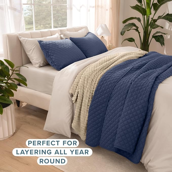 Bare Home Coverlet Set - King Size - Lightweight Bed Decor - Comforter Alternative - All-Season Quilted Bedspread (King, Dark Blue)