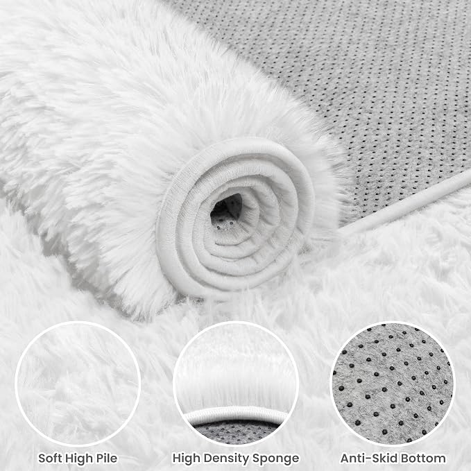 6x9 Fluffy Shag Area Rugs for Living Room Bedroom: Soft Plush Carpet White | Upgraded Non-Slip Thick Memory Foam, Ultra Soft, Non-Shedding Fuzzy Carpet, Easy Clean Decor for Kids Room, Nursery, Playroom