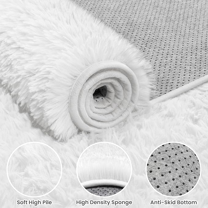 5x8 Fluffy Shag Area Rugs for Living Room Bedroom: Soft Plush Carpet White | Upgraded Non-Slip Thick Memory Foam, Ultra Soft, Non-Shedding Fuzzy Carpet, Easy Clean Decor for Kids Room, Nursery, Playroom