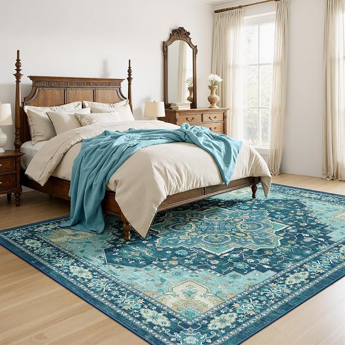 AMADA HOMEFURNISHING 8x10 Area Rug for Living Room, Vintage Washable Area Rug Low-Pile & Non-Slip Carpet for Bedroom Dining Room Nursery Home Office, Teal Blue