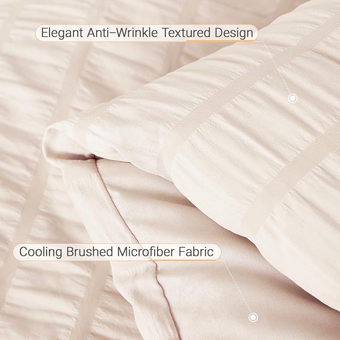 7 Pieces King Comforter Set, Seersucker Bed in a Bag King Size, All Season Luxury Bedding Set with Comforter, Flat Sheet, Fitted Sheet, Pillowcases & Shams, Beige