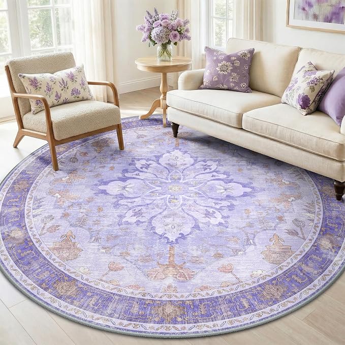 RELEANY Washable Area Rug, Round 6ft, Purple | Non-Slip, Water Repellent, Pet Friendly, Easy to Clean, Vintage Floral Boho Decor for Living Room Bedroom Dining Room