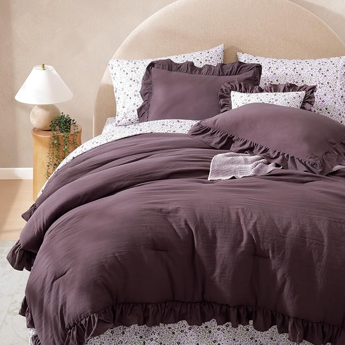 California King Comforter Set-7 Pieces Ruffle Bedding | Purple Bed in a Bag, Soft Lightweight All Season Farmhouse King Size Bedding Sets with Floral Sheets, Pillowcases & Shams