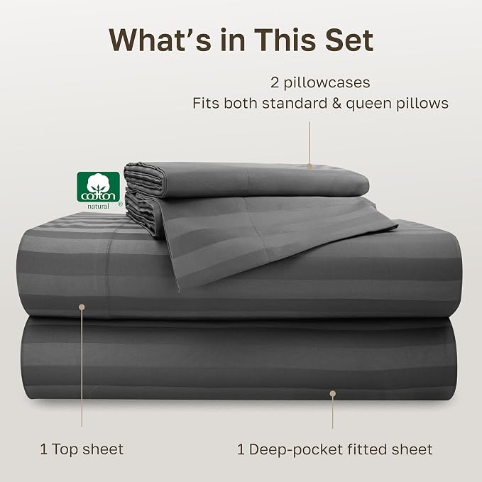 California Design Den Softest 100% Cotton Sateen Full Bed Sheets Set | Soft 500 Thread Count Backed by Good Housekeeping Seal, 16" Deep Pocket, All-Around Elastic, Easy Care - Grey Striped