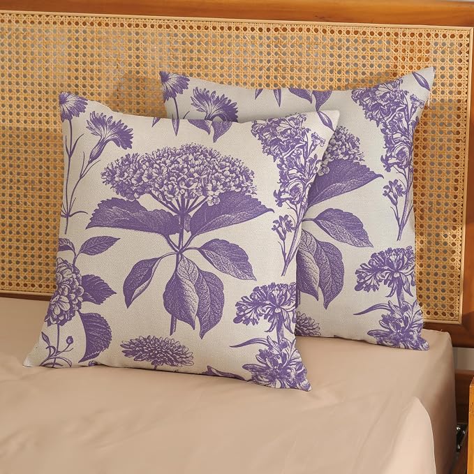 Purple Pillow Covers 16x16 Inch 2 Pcs Boho Vintage Floral Decor Throw Pillows Hydrangea Flower Seasonal Outdoor Farmhouse Neutral Accent Decoration Pillowcase Linen Cushion Cover for Sofa
