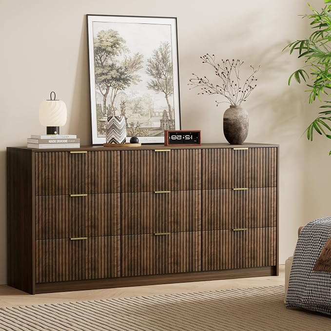 Furniway Walnut Dresser for Bedroom, Modern Dresser with 9 Drawers and Smooth Slides, Wide Chest of Drawers with Golden Handles for Bedroom, Living Room, Closet, 15.7" D x 63" W x 31.5" H