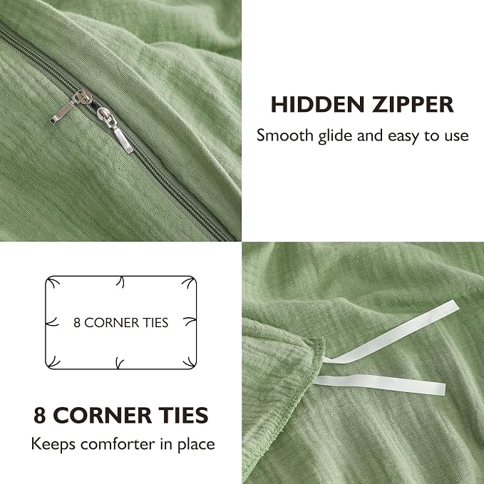 EMME Muslin Cotton Duvet Cover Set King Size Linen Like Soft Breathable Lightweight Summer Comforter Cover Set with Zipper Closure (Sage Green, King)