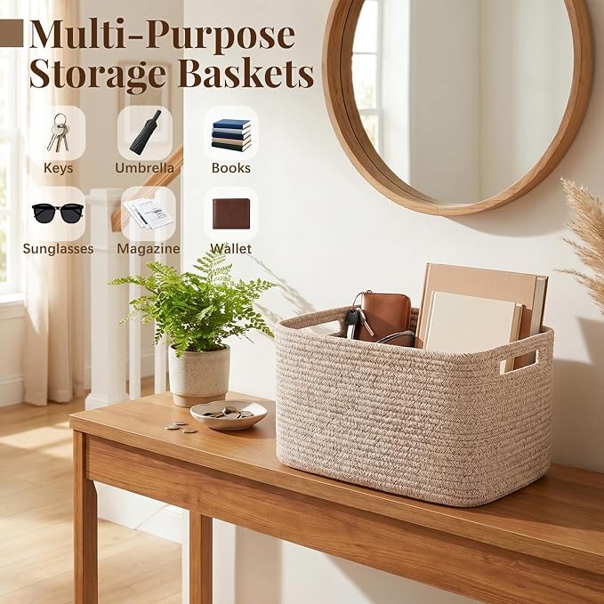OIASKET 4Packs Natural Cotton Rope Storage Baskets for Organizing Toys, Clothes, Towels & Books, Soft Versatile Organizers for Shelves, Home Decorative Bins, 13''Lx9''Wx7.8''H, Brown