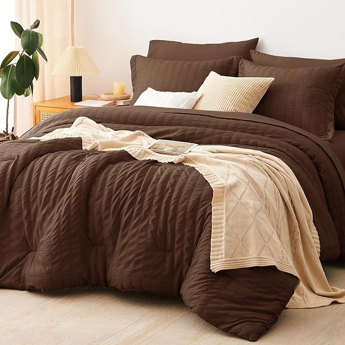 Queen Comforter Set, 7 Pieces Brown Seersucker Bed in a Bag | OEKO-TEX Certified, All Season Bedding Set with 240 GSM Down Alternative Comforter, Flat & Fitted Sheets, Pillowcases & Shams