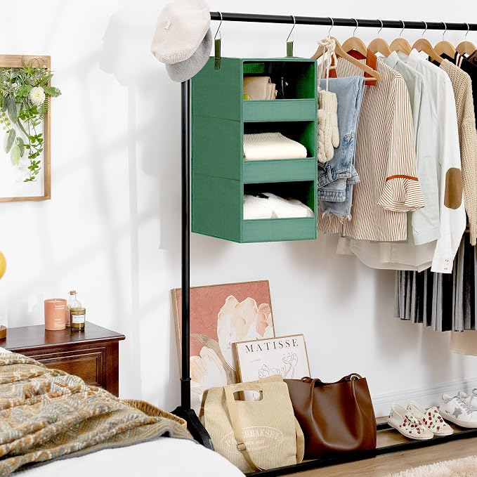 GRANNY SAYS 3-Shelf Hanging Closet Organizer, Foldable Storage, Dark Green | 33 lb Capacity, No-Sag Support, Keeps Clothes Neat, Folds Flat, Fits RV, Dorm & Small Closets