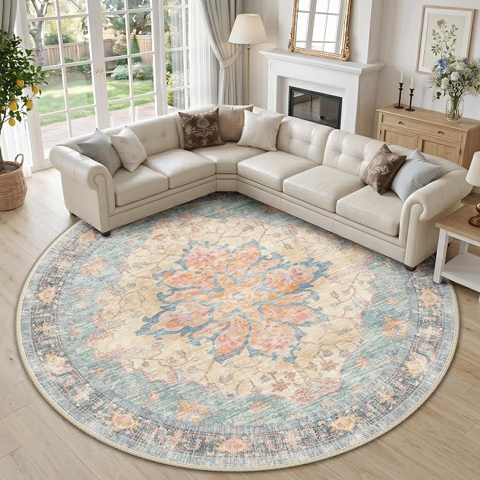 RELEANY Washable Area Rug, Round 10ft, Blue/Orange/Red | Non-Slip, Water Repellent, Pet Friendly, Easy to Clean, Vintage Floral Boho Decor for Living Room Bedroom Dining Room