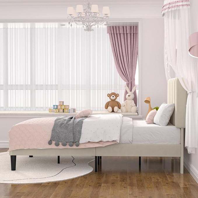 VECELO Twin Size Bed Frame with Upholstered Headboard, Velvet Platform Bedframe Mattress Foundation, Strong Wood Slat Support, No Box Spring Needed,Bone Beige