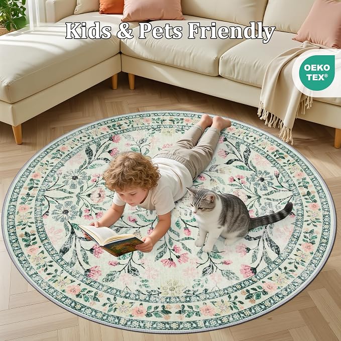 PLHXFR Round Area Rug Living Room: 6 ft Floral Washable Carpet Green Beige | For Bedroom Dining Room Farmhouse Nursery Hallway,Vintage Floral,Machine washable,Non Slip,Stain Resistant,Large Indoor