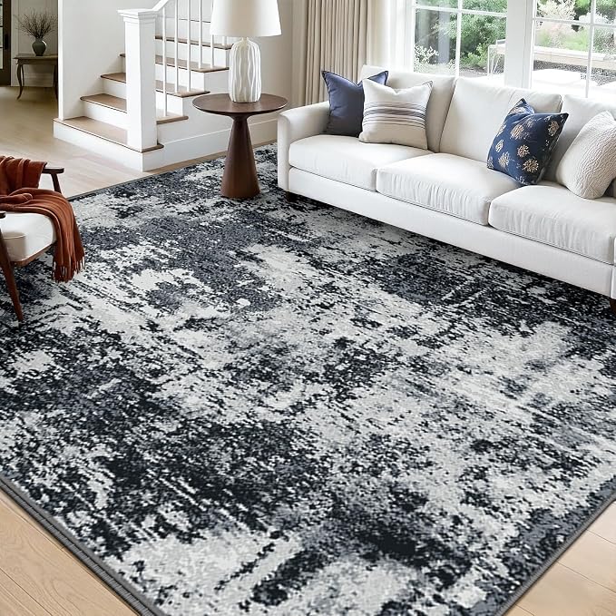 RELEANY Washable Square 10' x10' Area Rug for Living Room Black White | Carpet for Bedroom, Kitchen, Office, Hallway and Entryway, Printed Pattern, Non‑Slip, Soft, Stain‑Resistant, Easy to Clean