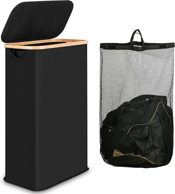 IEGrow Laundry Hamper with Lid,65L Laundry Basket with Mesh Bags,Black | Dirty Clothes Hamper Basket with Bamboo Handle for Clothes Towels