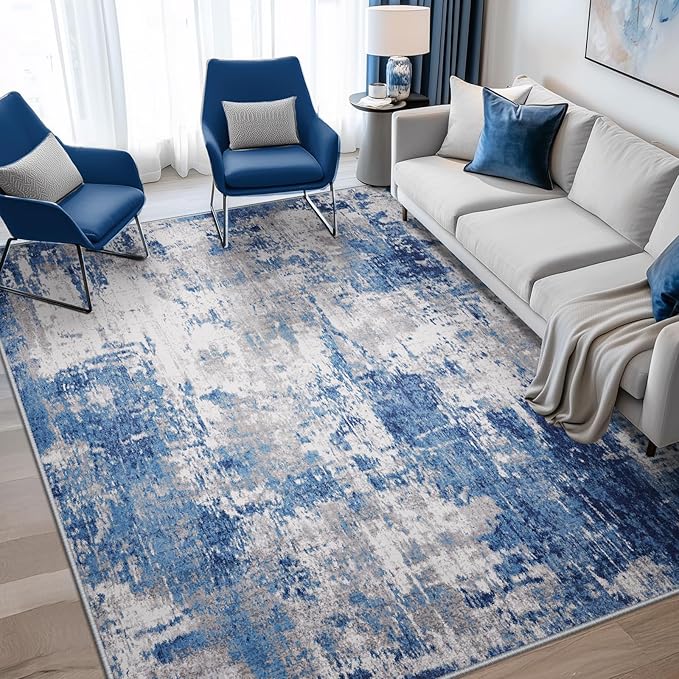 RELEANY Washable 5'x8' Abstract Area Rug for Living Room Blue Gray | Carpet for Bedroom, Kitchen, Office, Hallway and Entryway, Printed Pattern, Non‑Slip, Soft, Stain‑Resistant, Easy to Clean