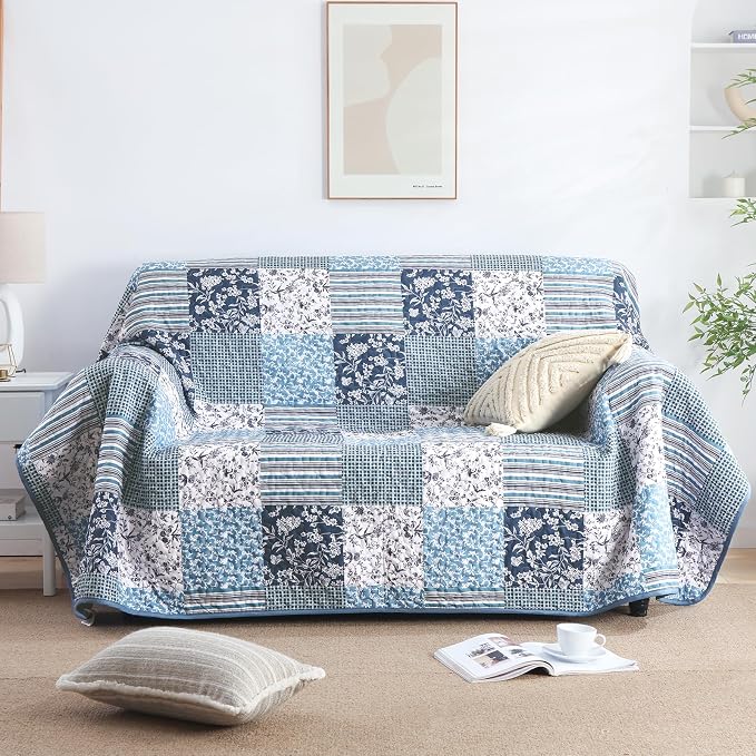 Mybedsoul King Size Quilt, Boho Patchwork Floral Bedding Set, Navy Blue | Soft Lightweight Microfiber Floral Coverlet Set, 3 Pieces Plaid Reversible Bedspread, Bed Sets for All Seasons 90"x110"