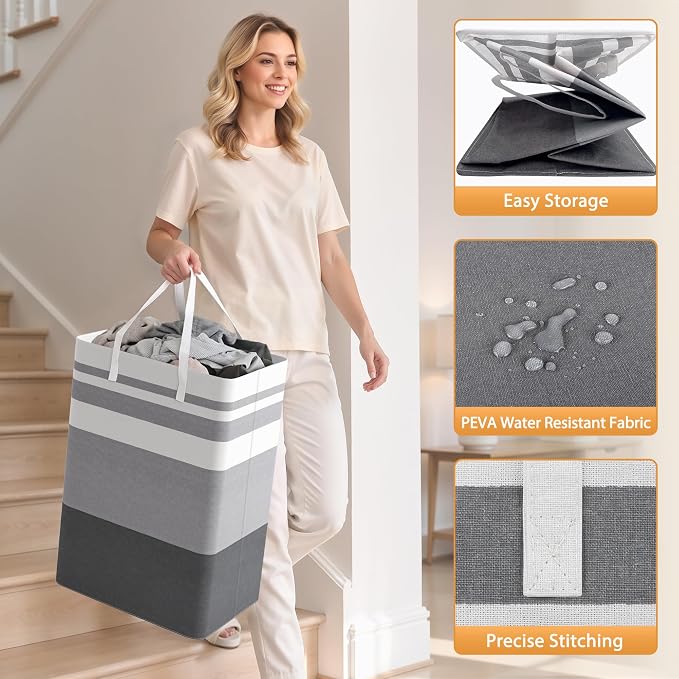 HomeHacks 2 Pack Large Laundry Baskets, Laundry Hampers Bags (Grey 75Lx2) | Waterproof, Freestanding, Collapsible Clothes Hamper with Reinforced Handles in Laundry Room, Dorm, Bathroom, Bedroom