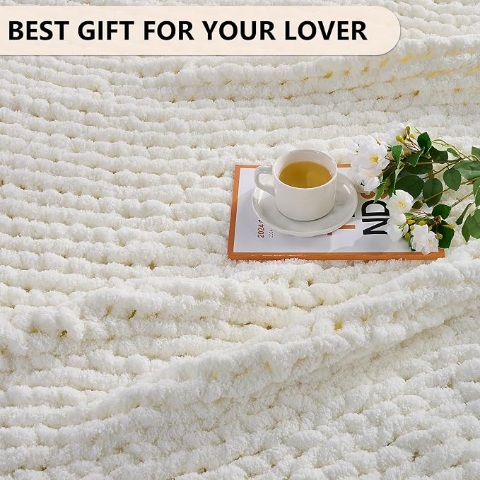 L'AGRATY Chunky Knit Throw Blanket for Couch, 80 x 90 Inches, Cream White | Handmade Chenille Crochet Blanket for Sofa Bed, Thick Cable Knitted Blankets for Room Home Decor, Birthday Gift for Women Mom