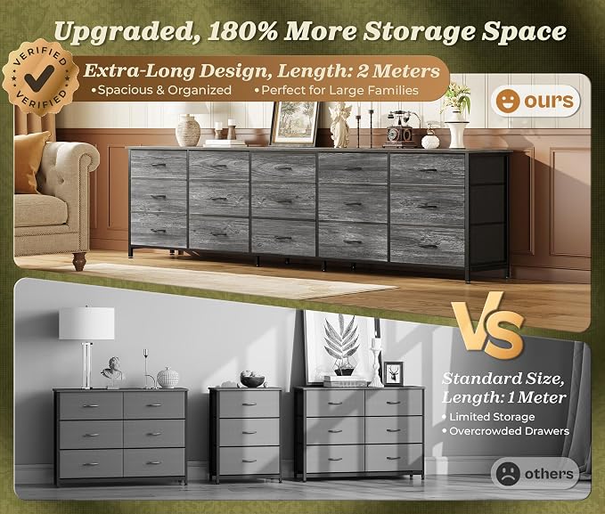 Huuger 78.7 inch Long Dresser for Bedroom, 15 Drawer Fabric Dresser for Closet, Large TV Stand for 65, 75, 85 inch TV, Wide Chest of Drawer with Storage, 78.7" W x 12.9" D x 26.7" H, Grey
