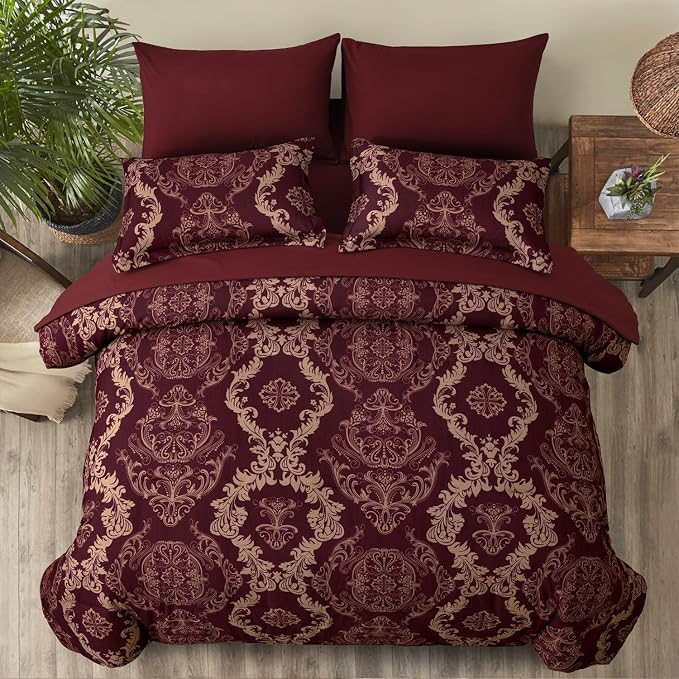 WONGS BEDDING Burgundy Comforter Set Queen Size, Maroon Damask Texture 7 Pieces Bed in a Bag Microfiber Comforter Bedding Sets -1 Comforter, 1 Flat Sheet, 1 Fitted Sheet, 2 Pillow Shams, 2 Pillowcases