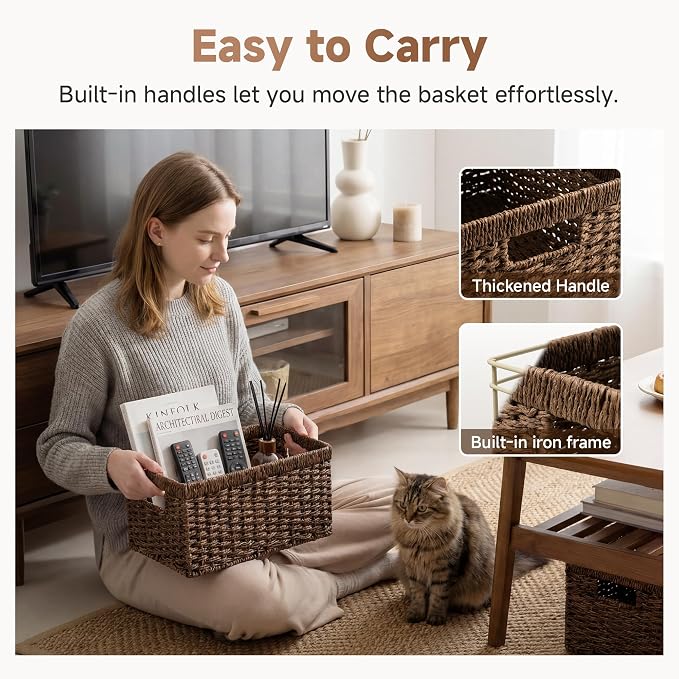 StorageWorks Rectangular Wicker Storage Baskets for Organizing, 2-Pack | Paper Rope Wicker Storage Baskets for Shelves, Dark Brown Wicker Baskets with Handle, Brown Baskets for Storage,Woven Baskets
