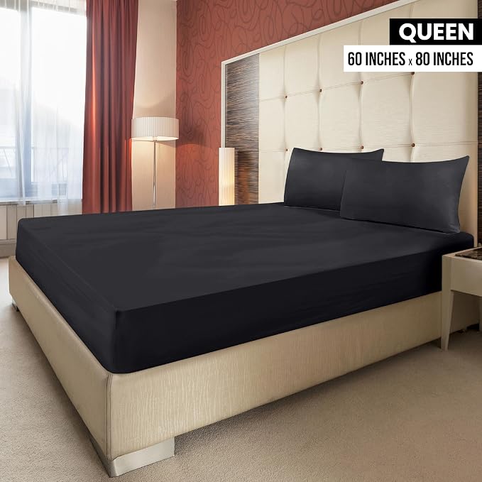 Pack of 6 Queen Fitted Sheet, Fits Up to 16 Inch Deep Pocket, Black | Hotel Comfort, Cooling & Breathable Cotton like Polyester, Easy Fit, Wrinkle & Fade Resistant, Snug Fit, Easy Care, Oeko-Tex