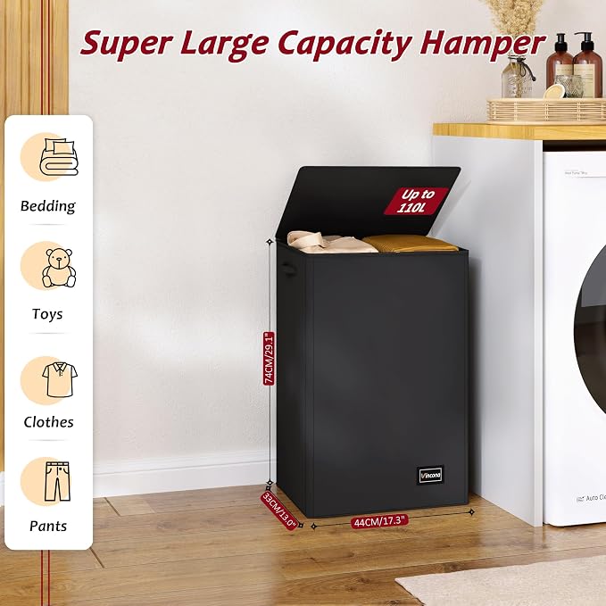 110L Laundry Hamper with Lid, Reinforced Sturdy Large Laundry Hamper with Handle and Lid, Collapsible Clothes Basket Organizer with Removable Liner Bag, Tall Dirty Clothes Bin for Dorm Bedroom