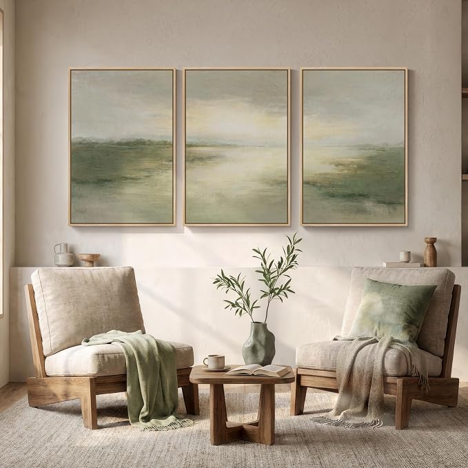Large Framed Sage Green Abstract Landscape Wall Art for Living Room, 24x36 | Green nature pictures, Canvas print, Wood frame, 3 piece paintings, Modern rustic artwork, Wall decor for bedroom dining room