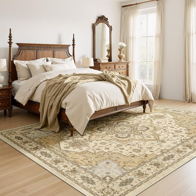 AMADA HOMEFURNISHING 8x10 Area Rug for Living Room, Vintage Washable Area Rug Low-Pile & Non-Slip Carpet for Bedroom Dining Room Nursery Home Office, Beige/Cream