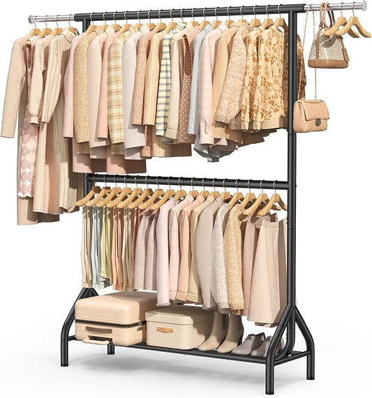 EAGMAK Double Rod Clothing Rack Load 622 LBS, Heavy Duty Clothes Rack for Hanging Clothes, 82.68 inch High Garment Rack with Sotrage Shelves, Metal Clothing Hanger Closet Wardrobe Organizer (Black)