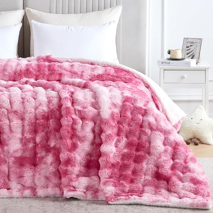 60x80 Inches Ultra-Soft Fuzzy Faux Fur Plush Twin Size Blanket - Thick, Warm Sherpa for Couch, Sofa, Bedroom, Camping - Decorative Blanket for Cozy Warmth, Bubble Pink Tie Dye