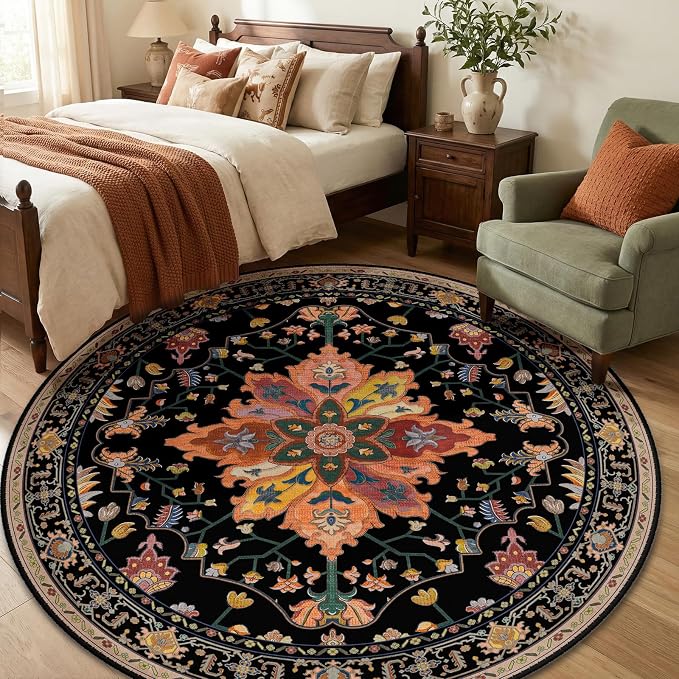 RELEANY Washable Area Rug, Round 6ft, Black/Colorful | Non-Slip, Water Repellent, Pet Friendly, Easy to Clean, Vintage Floral Boho Decor for Living Room Bedroom Dining Room