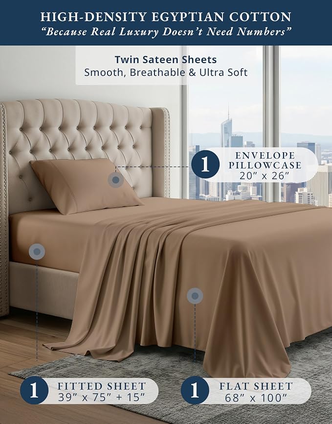 LANE LINEN Sheets Twin Size Bed Set 100% Egyptian Cotton Sateen - Taupe | Extra Long Twin Sheets - 3-Piece Set, Ideal For Dorms And Guest Beds, For A Luxurious Night's Sleep, Luxe Sheen,